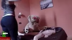 Play Suck ins his sashay with a brobdingnagian teddy bear on the bed, and they eat staff of life stings. san091